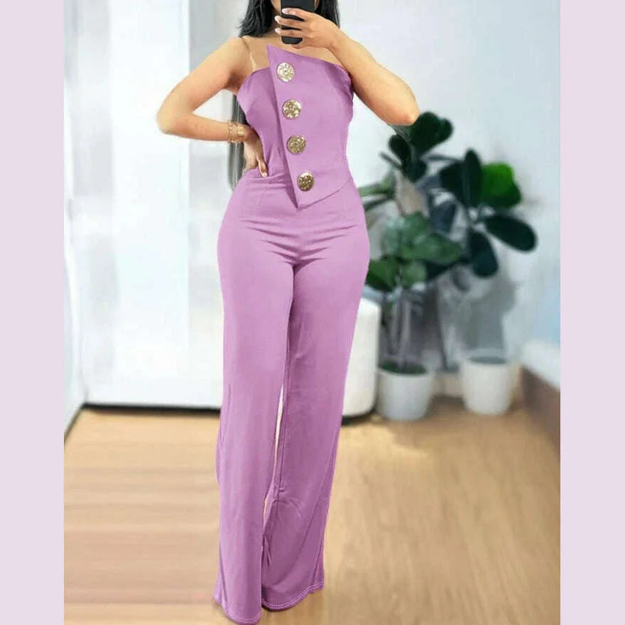 Sexy Asymmetrical Bandeau Strapless Jumpsuit Metal Button Decor Casual Overalls 2025 Woman Long Jumpsuits Elegant