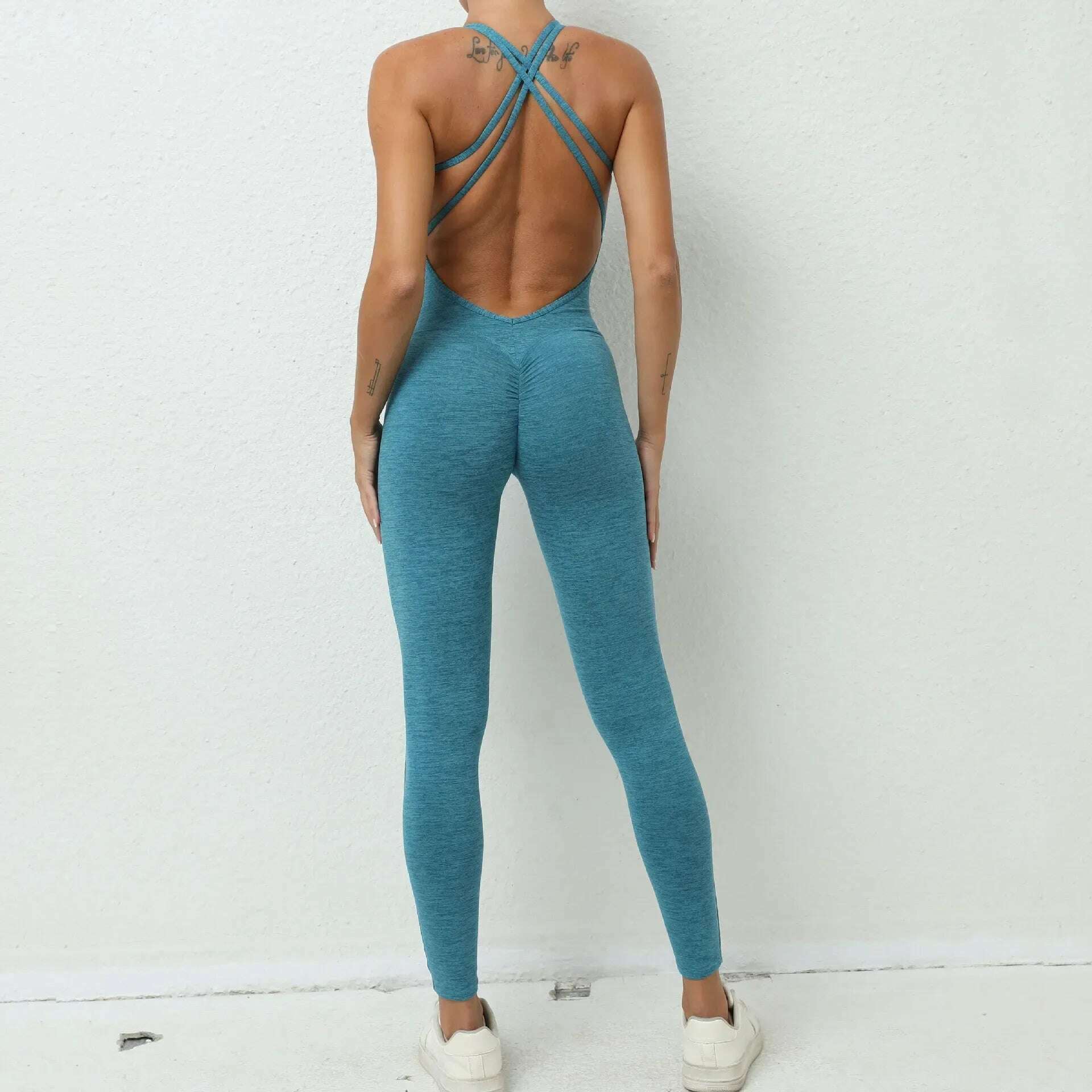 Sexy Backless Bodycon Scrunch Jumpsuit Raises Butt Women Dance Fitness Overalls Push Up Sleeveless Yoga Sport Jump Suit Black