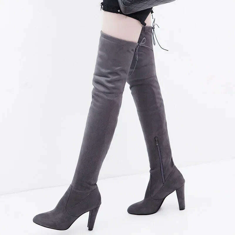 Sexy Party Fashion Suede Leather Shoes Women Over The Knee Heels Boots Stretch Flock Pointed Thick Heel Botas Black Long Boots