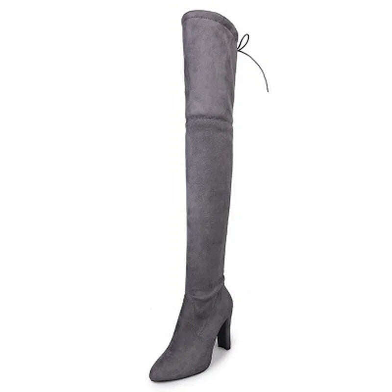 Sexy Party Fashion Suede Leather Shoes Women Over The Knee Heels Boots Stretch Flock Pointed Thick Heel Botas Black Long Boots