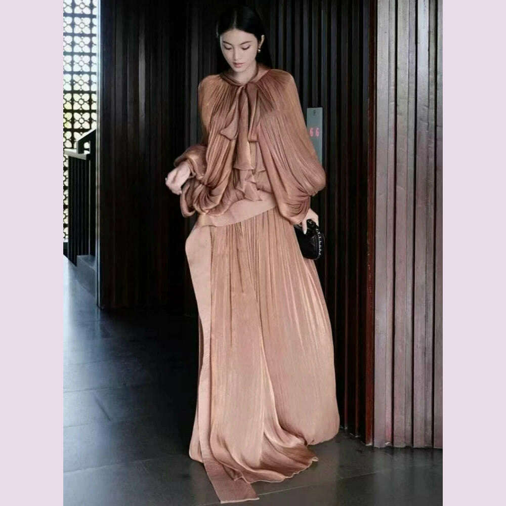 Sexy Stand Collar Long Sleeve Hollow Out Long Dress Women Brown Balck Lantern Sleeve Backless Loose Dresses Party Evening Club