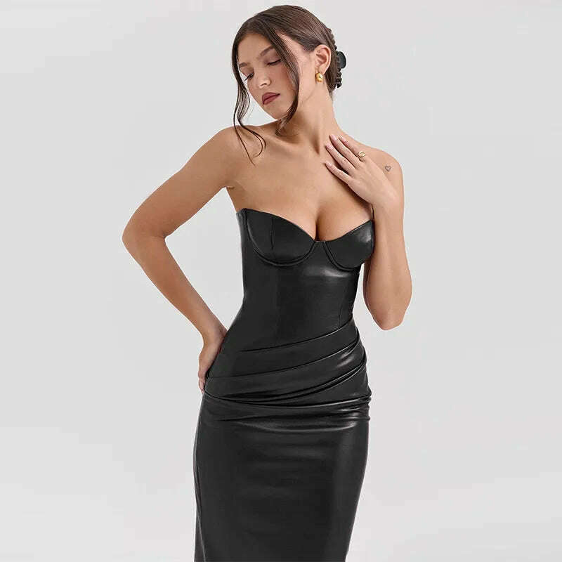 Sexy Woman Strapless Burgundy Slim Leather Long Dress Elegant Back Lace Up Side Slit Sleeveless Dresses 2025 Evening Party Robe