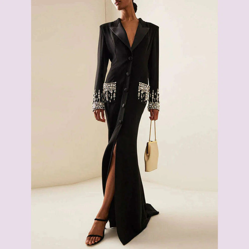 Sexy Women Black White Long Sleev Crystal Design V Necke Diamond Beads Long Dress Single Breasted Slim Dresses Elegant Evening