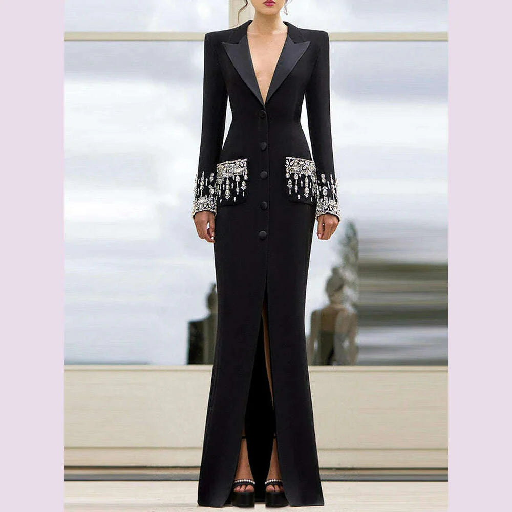 Sexy Women Black White Long Sleev Crystal Design V Necke Diamond Beads Long Dress Single Breasted Slim Dresses Elegant Evening