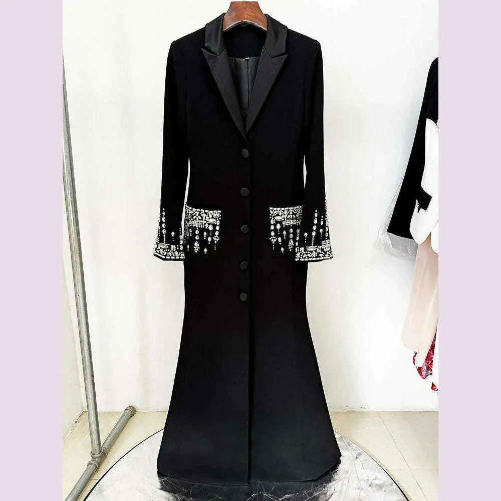 Sexy Women Black White Long Sleev Crystal Design V Necke Diamond Beads Long Dress Single Breasted Slim Dresses Elegant Evening