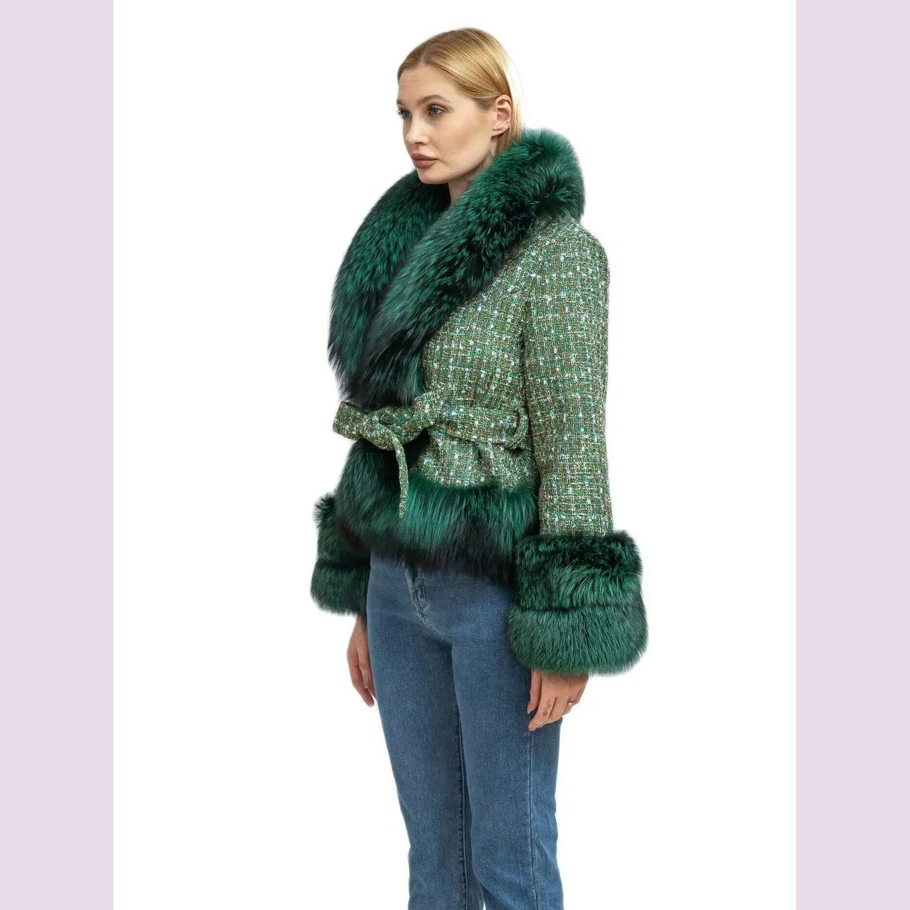 Short Coat with Real Fox Fur Collar for Women, Big Woolen Coat, Big Cuffs, Front Belt, Green Color, Autumn and Winter Fashion