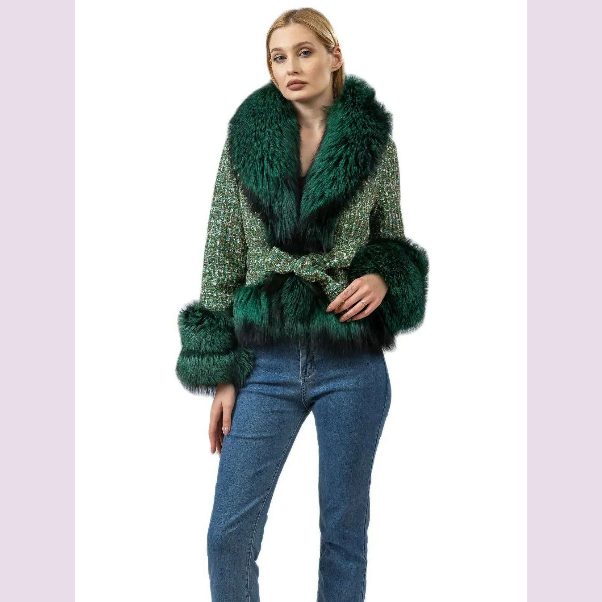 Short Jacket Coat with Real Red Fox Fur Collar for Women, Front and Belt, Elegant Fur, Green Color, Autumn and Winter Coat