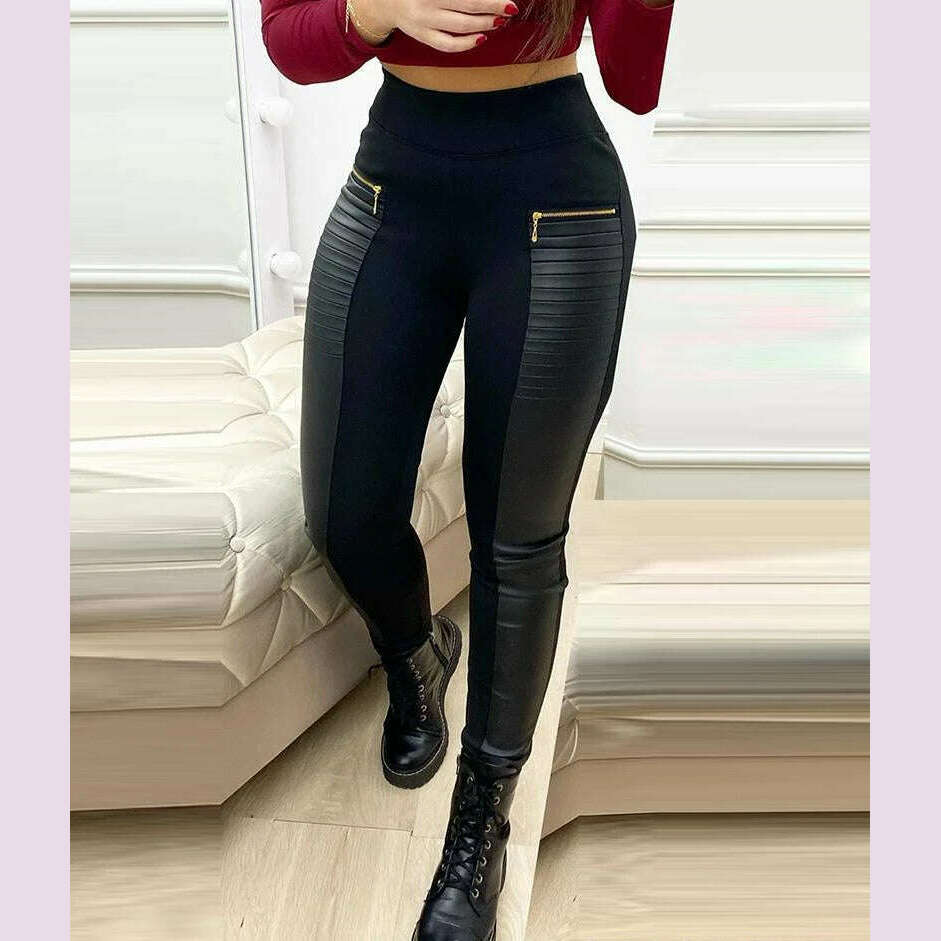 Skinny Pants Women Streetwear Contrast Zipper Detail New Fashion Elegant Leather Casual Bottom Trousers for Female Spring 2024
