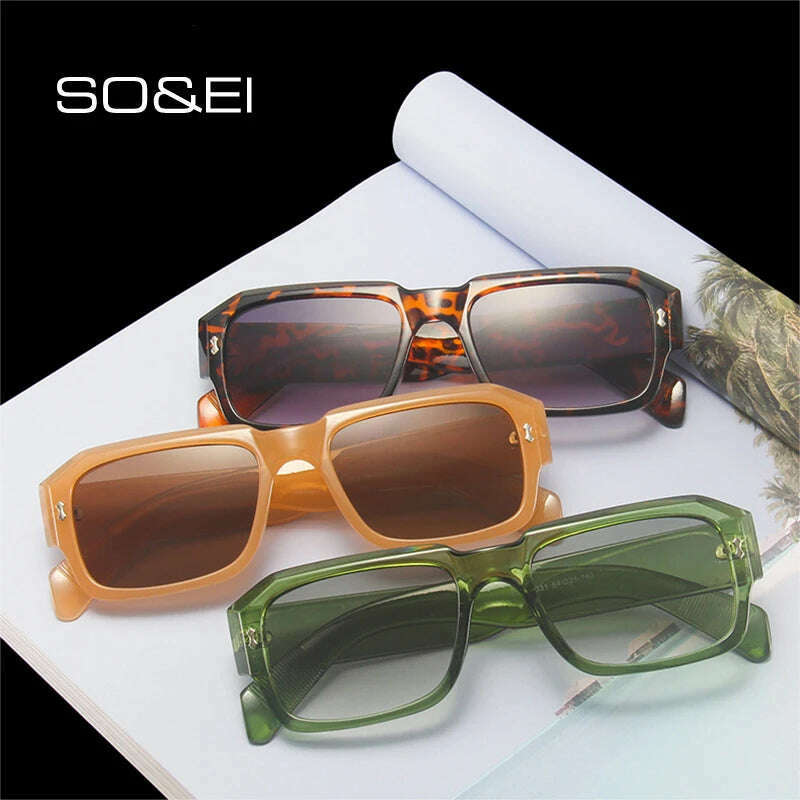 SO&EI Fashion Polygon Square Sunglasses Women Retro Rivets Decoration Jelly Color Shades UV400 Men Trending Gradient Sun Glasses