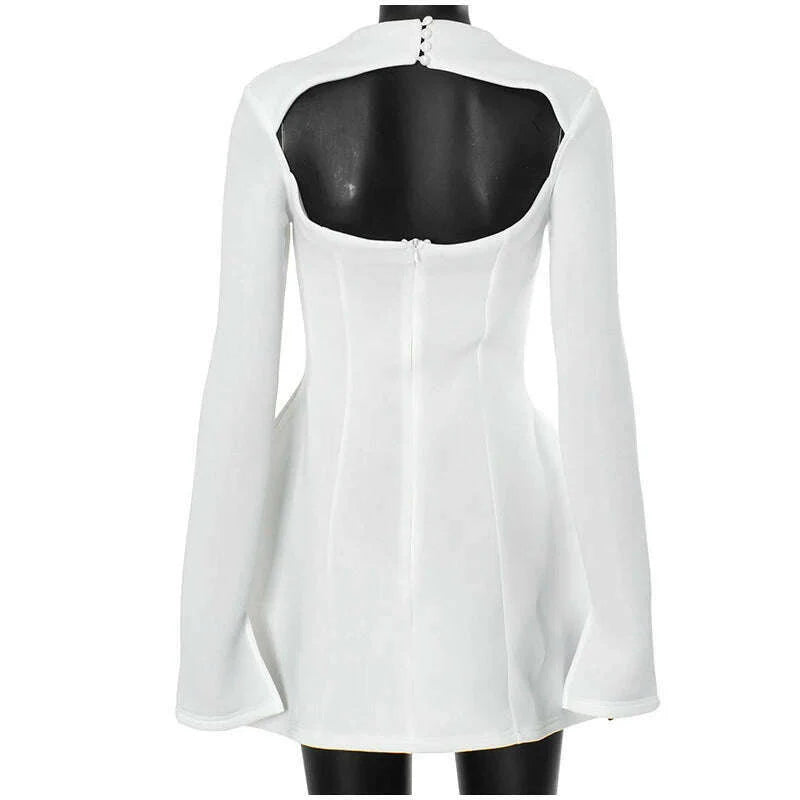 Solid Backless Dress Women Elegant Half High Collar Long Sleeve High Waist Female A Line Dresses Ladies Party Club Evening Gowns