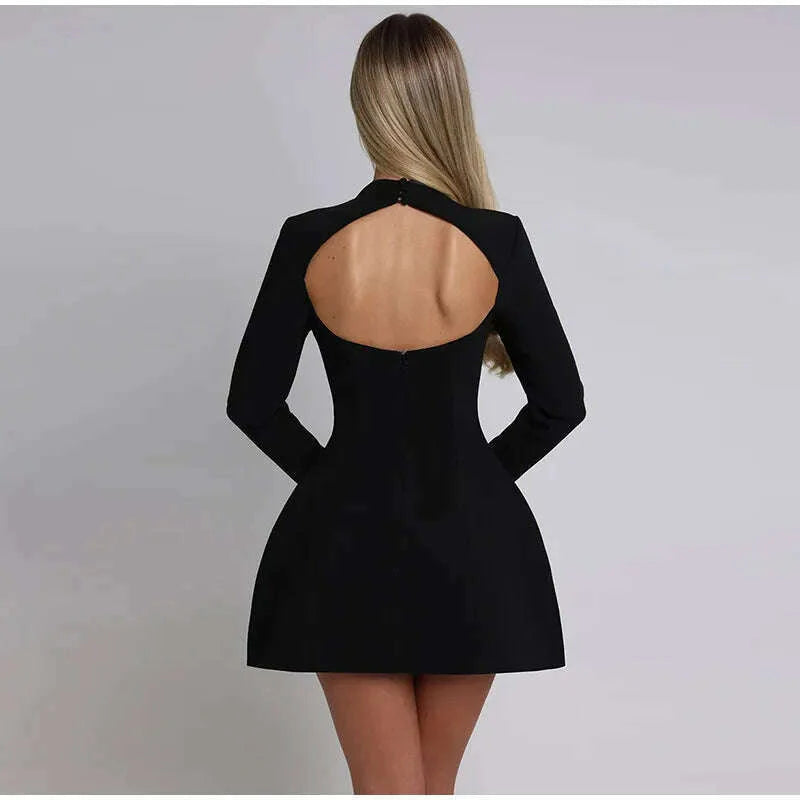 Solid Backless Dress Women Elegant Half High Collar Long Sleeve High Waist Female A Line Dresses Ladies Party Club Evening Gowns