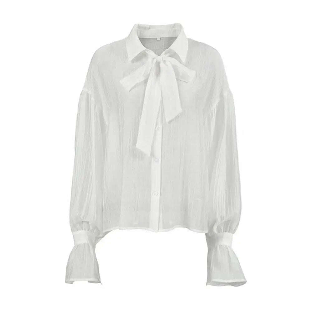 Spring Autumn Fashion White Ruffled Elegant Blouse Top Women New Long Sleeve Lapel Woman Shirt Solid Office Ladies Loose Tops