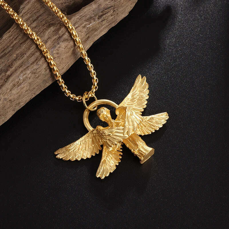 Stainless Steel Creative Personality Prayer Angel Pendant Necklace Men and Women Fashion Trend Hip Hop Punk Accessories Jewelry