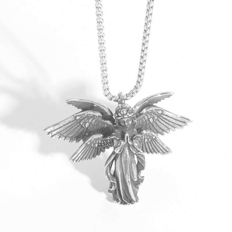 Stainless Steel Creative Personality Prayer Angel Pendant Necklace Men and Women Fashion Trend Hip Hop Punk Accessories Jewelry