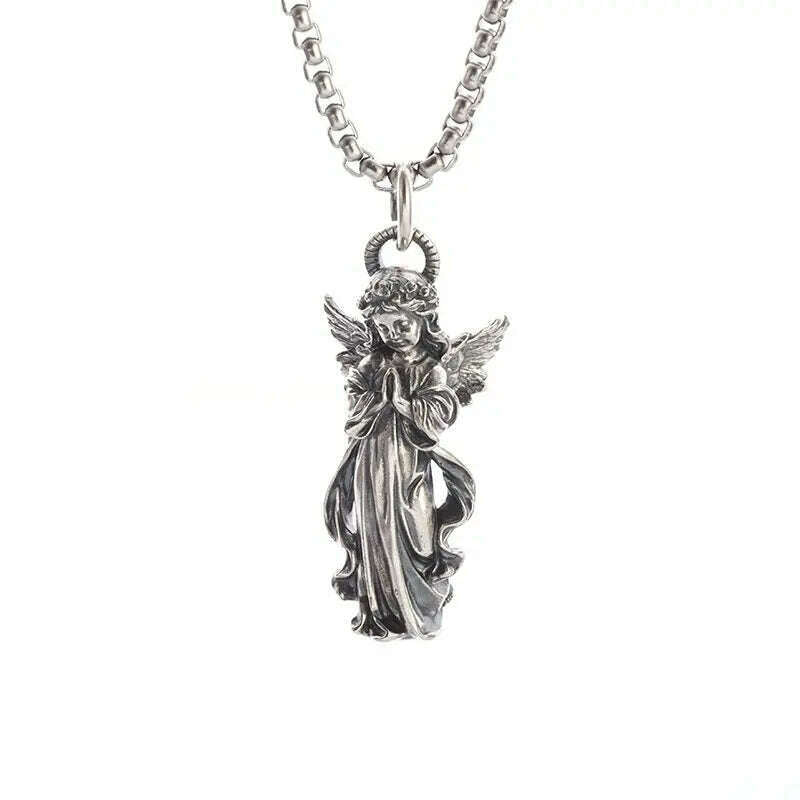 Stainless Steel Creative Personality Prayer Angel Pendant Necklace Men and Women Fashion Trend Hip Hop Punk Accessories Jewelry