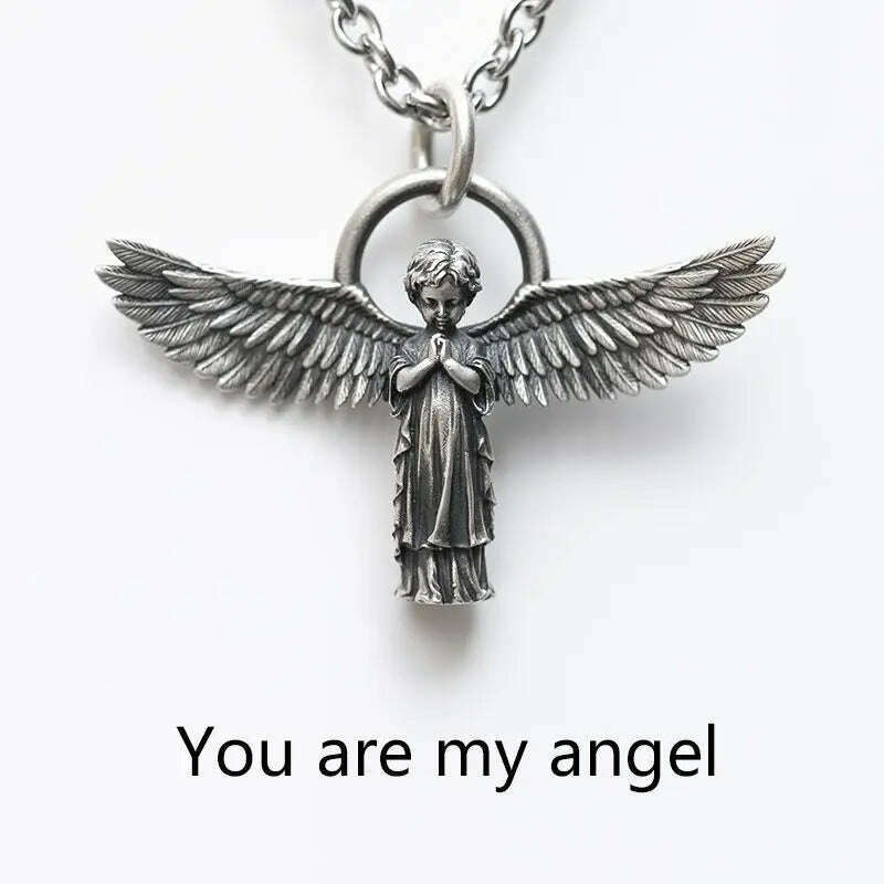 Stainless Steel Creative Personality Prayer Angel Pendant Necklace Men and Women Fashion Trend Hip Hop Punk Accessories Jewelry