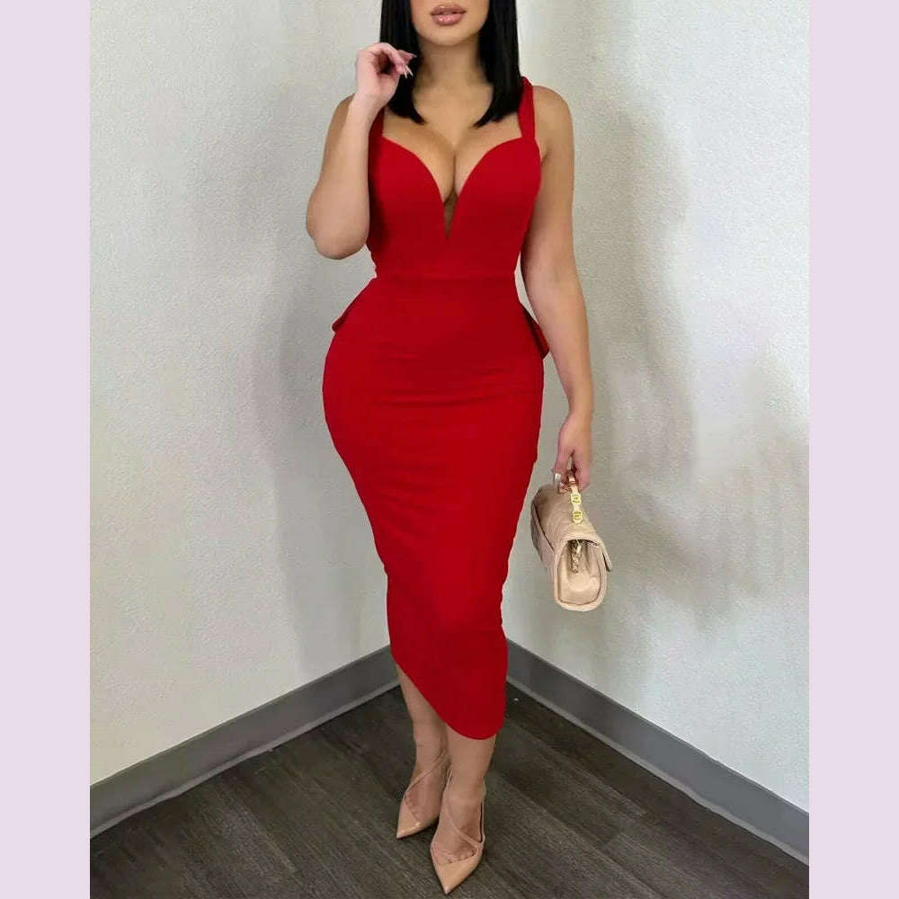 Summer 2024 Vestidos Sexy Party Dresses Women Plunging V-neck Sleeveless Backless Bowknot Ruffles Back Bodycon Midi Dress