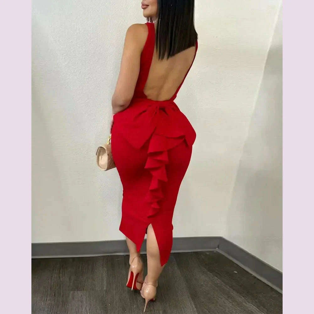 Summer 2024 Vestidos Sexy Party Dresses Women Plunging V-neck Sleeveless Backless Bowknot Ruffles Back Bodycon Midi Dress