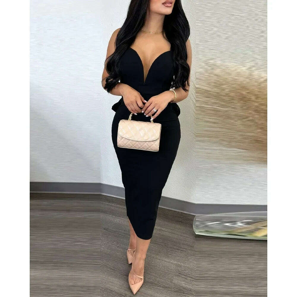 Summer 2024 Vestidos Sexy Party Dresses Women Plunging V-neck Sleeveless Backless Bowknot Ruffles Back Bodycon Midi Dress