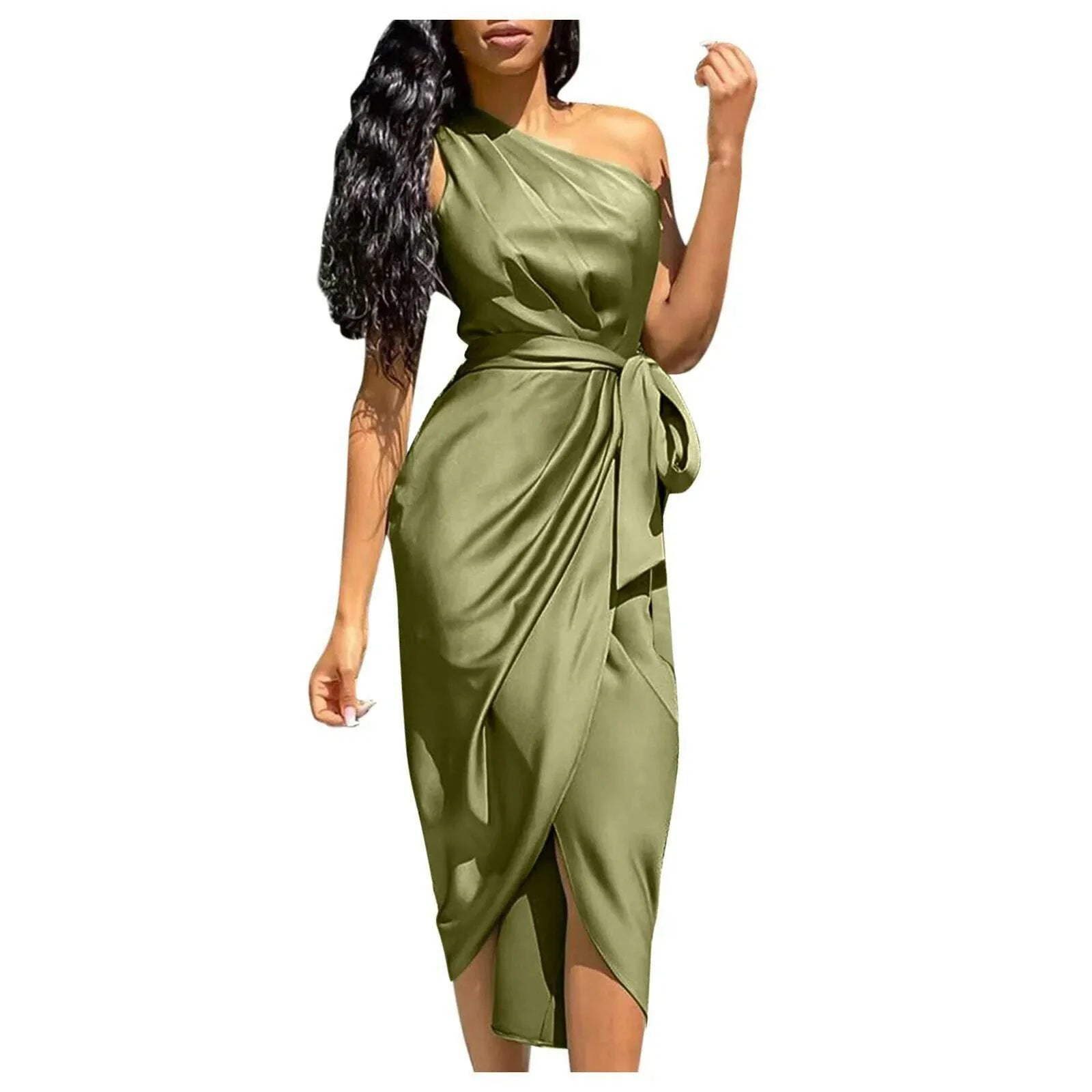 Summer Dresses Women Green Sexy One Shoulder Satin Asymmetrical Ruched Midi Evening Party Prom Dress Gown Bandage Plus Size Robe