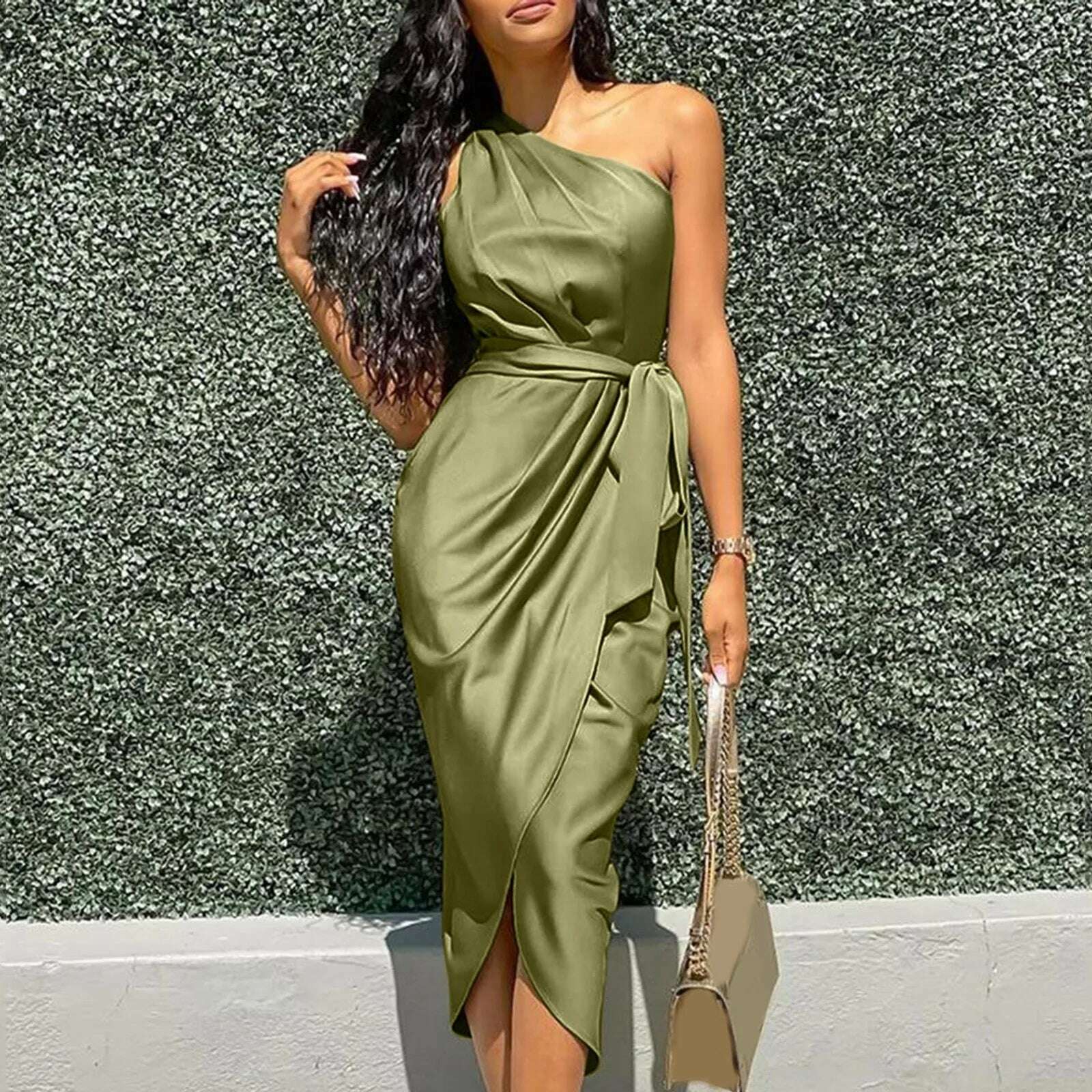 Summer Dresses Women Green Sexy One Shoulder Satin Asymmetrical Ruched Midi Evening Party Prom Dress Gown Bandage Plus Size Robe