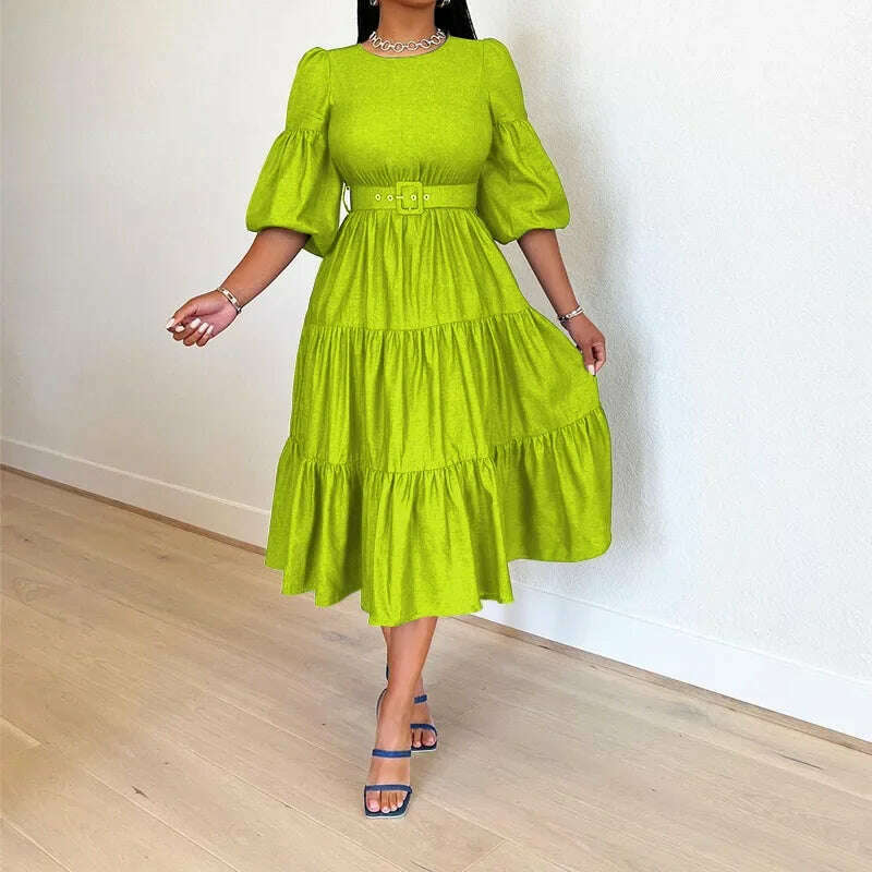 Summer Dresses Women Pleated Large Swing Skirt Round Neck Puff Medium Sleeved Denim Skirts Belt Long Womens Solid Dresses
