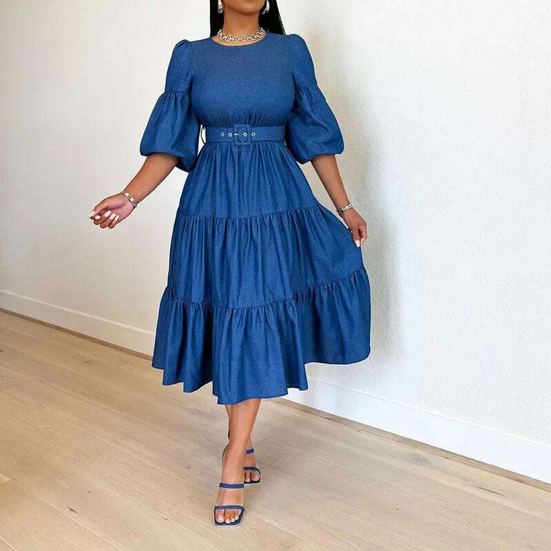 Summer Dresses Women Pleated Large Swing Skirt Round Neck Puff Medium Sleeved Denim Skirts Belt Long Womens Solid Dresses