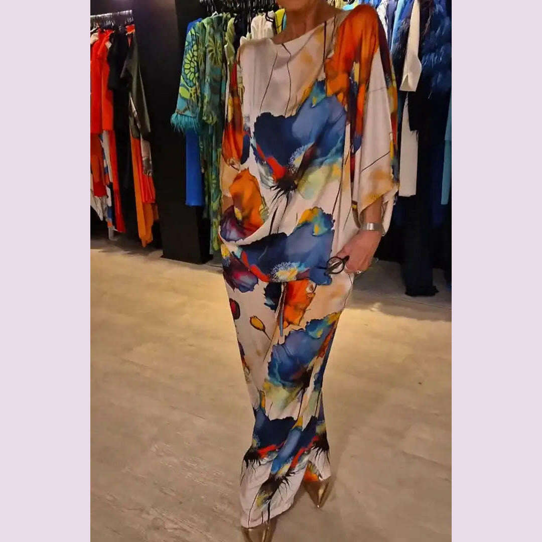 Summer Fashion Printed Satin Two Piece Sets Women Sexy Round Neck 3/4 Sleeved Top + Wide Leg Long Pants Casual Two Piece Set