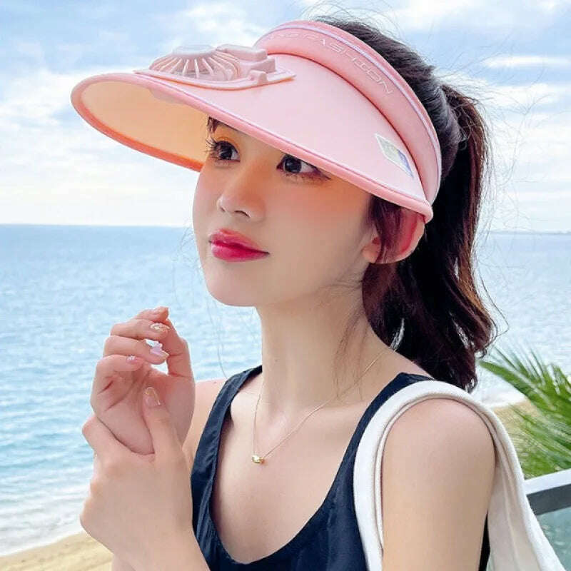Sun Visor Women Hats with Fan-Three Temp Settings-Large Area Sun Protection Adjustable Elastic Buckle
