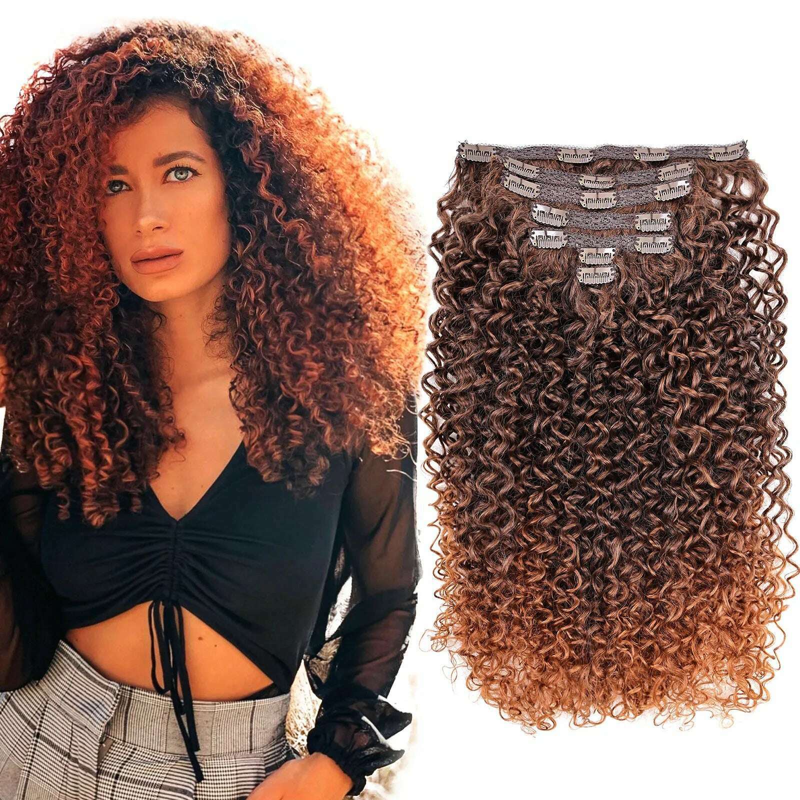 Synthetic Clip In Hair Extension Full Head Long 26”140g Afro Kinky Curly Fake Hair Pieces Clip-on Blacke Brown hairpin For Women