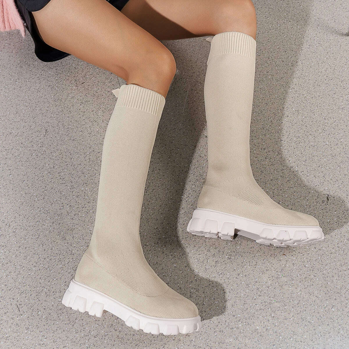 Thick Sole Knitted Long Boots for Women Fashion Elastic Socks Shoes Boots Over Knee Round Toe Low Heels Botas De Mujer 2024