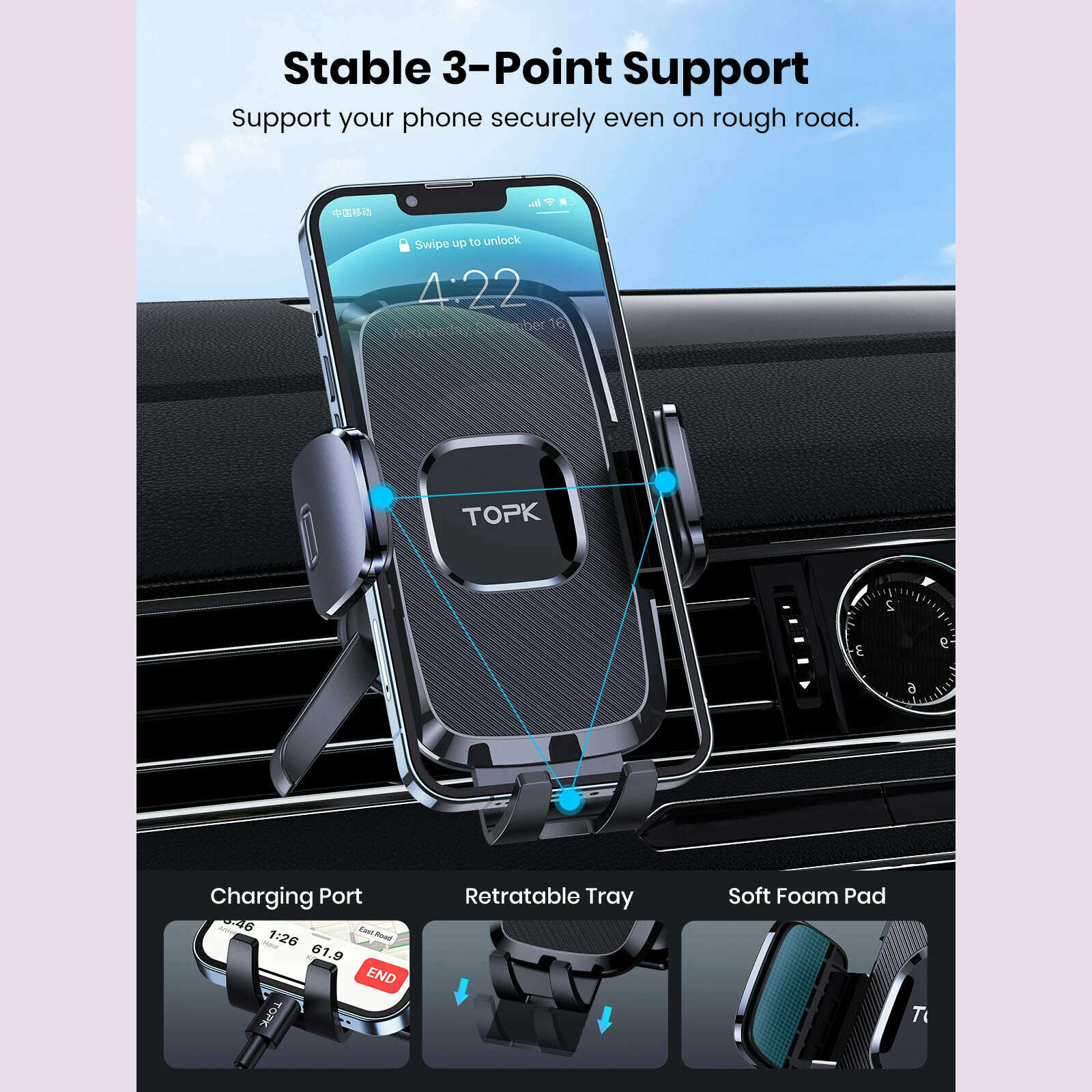 TOPK D35-S Car Phone Holder, Universal Phone Mount for Car with Hook Clip Air Vent Car Mount 360° Rotation for Mobile Phones
