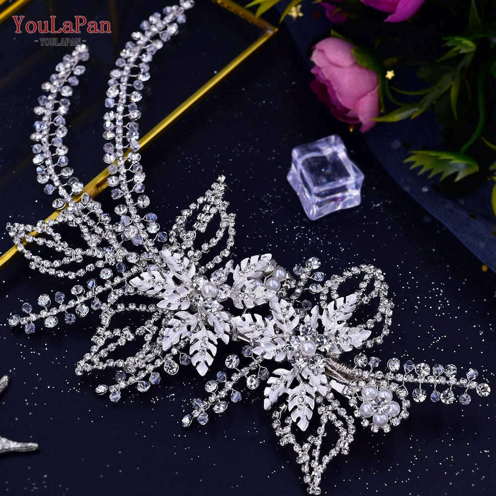 TOPQUEEN HP254 Bridal Side Clip Wedding Tiara Bridal Hairpins Handmade Rhinestone Women Headwear Alloy Flower Bride Headdress