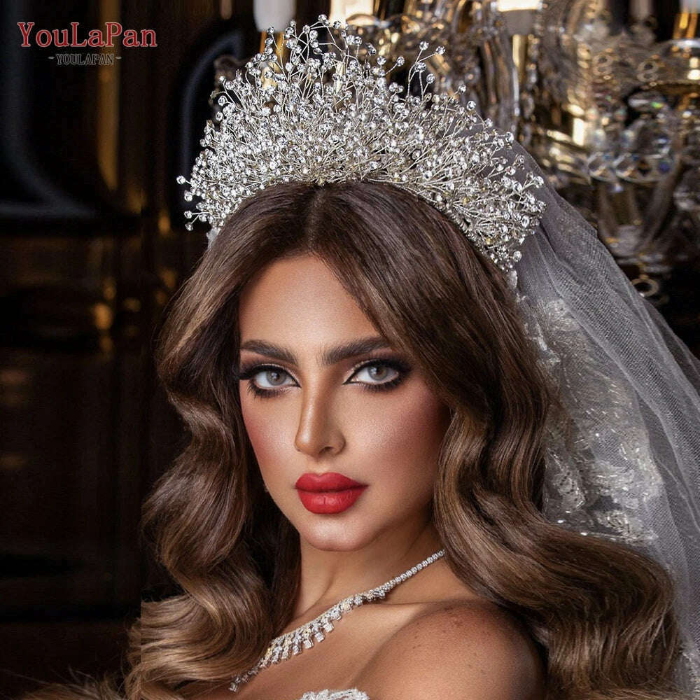 TOPQUEEN Luxury Bridal Crown Rhinestones Tiaras Bride Headband Wedding Hair Accessories Pageant Diadem Women Headdress HP193P