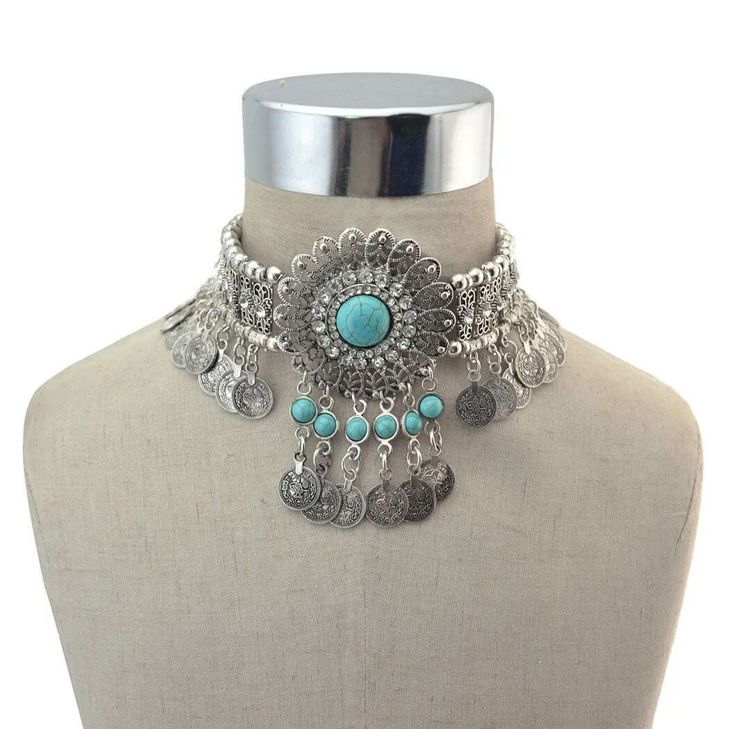 Turkish Ethnic Tribal Tibeten Coin Chunky Necklace India Oxidized Collar Choker Bib Neck Chain Afghan Gypsy Statement Jewelry