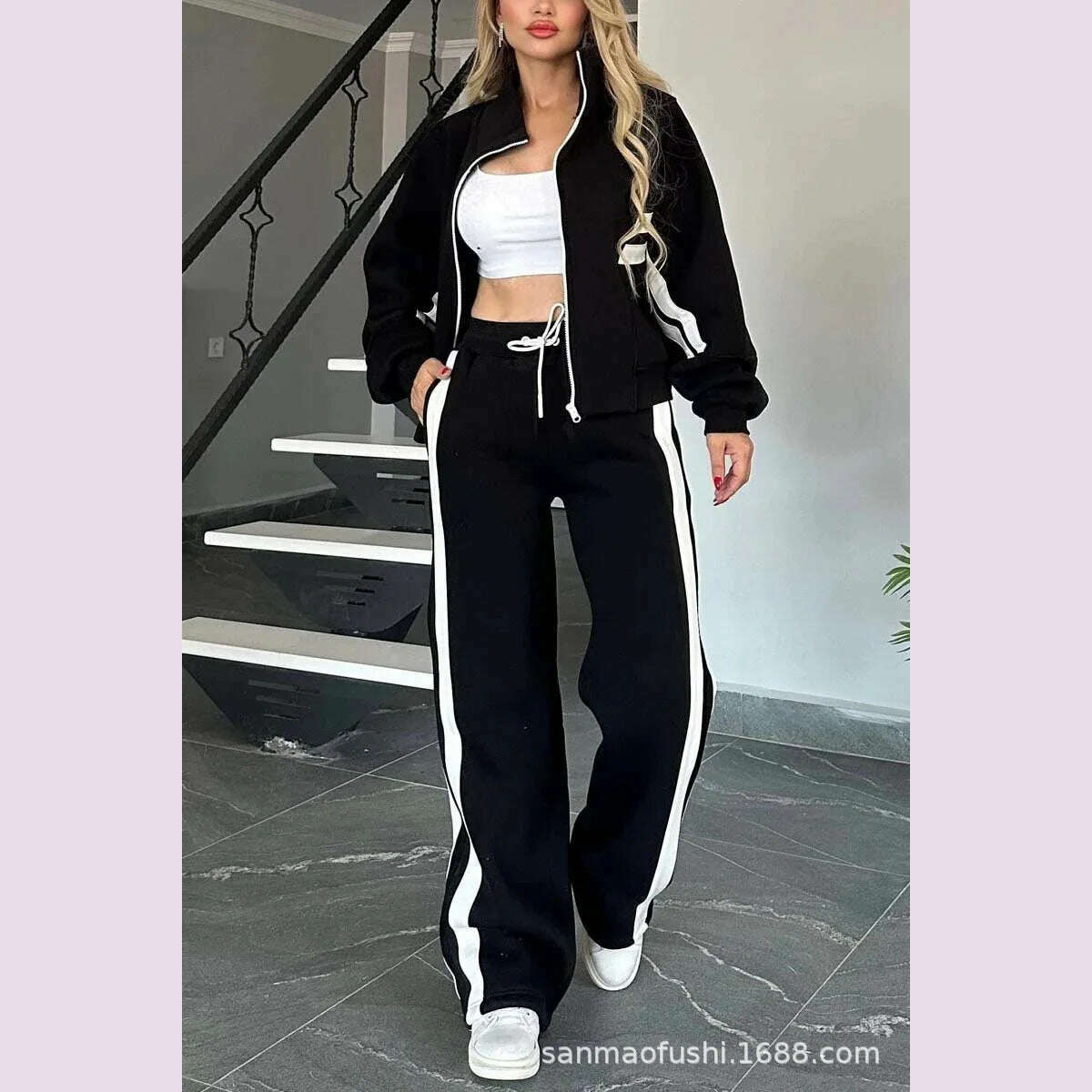 Two Piece Set Women Fashion Striped Splicing Lapel Zipper Coat High Waist Pants Outfit Autumn Winter Long Sleeve Suit Tracksuit