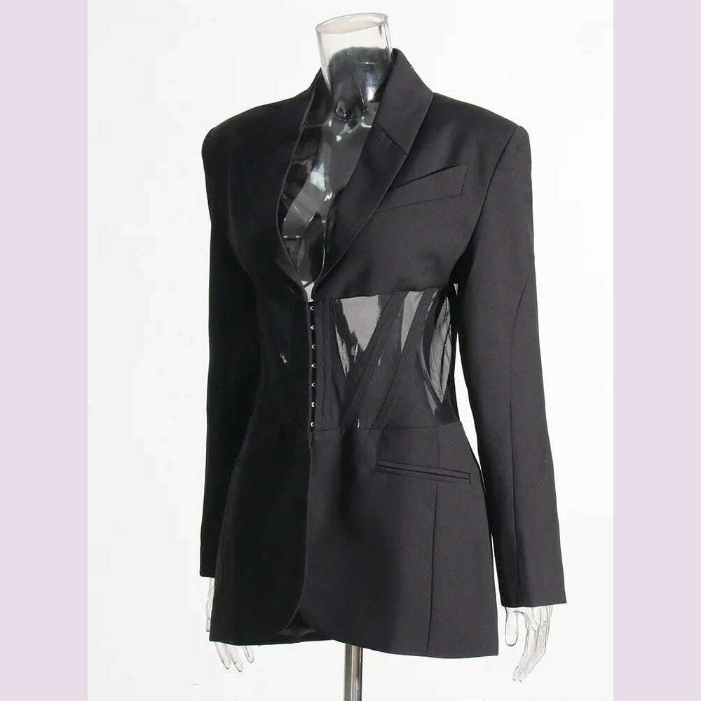 TWOTWINSTYLE Patchwork Sheer Mesh Sexy Blazers For Women Notched Collar Long Sleeve Spliced Pocket Female Fashion Clothing New