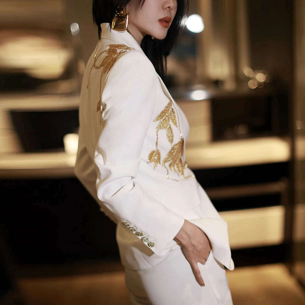 TWOTWINSTYLE Solid Slimming Spliced Bead Elegant Blazer for Women Lapel Long Sleeves Patchwork Buttons Coat Female Clothing New