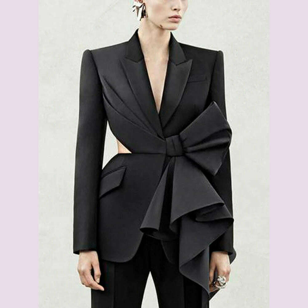 TWOTWINSTYLE Solid Spliced Bowknot Hollow Out Blazer For Women Notched Collar Long Sleeve Tunic Temperament Blazers Female New