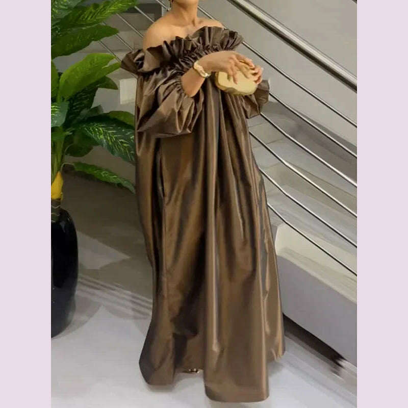 UOOZEE 2025 New Spring Women Fashion Falbala Party Evening Maxi Dresses Puff Sleeve Off-The-Shoulder Loose Pleated Long Dress