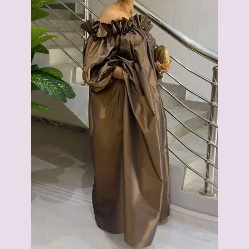 UOOZEE 2025 New Spring Women Fashion Falbala Party Evening Maxi Dresses Puff Sleeve Off-The-Shoulder Loose Pleated Long Dress