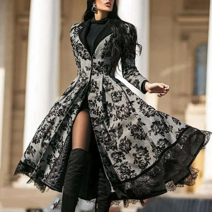 Vintage Women's Dresses Fall Winter Lace Seamed Floral Print Dress Vintage Bodysuit Dress Mid-Century Elegant Dress