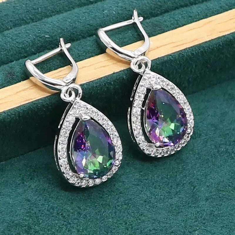 Water Drop Rainbow Topaz 925 Silver Wedding Jewelry set for Women Party Bracelet Earrings Necklace pendant Ring