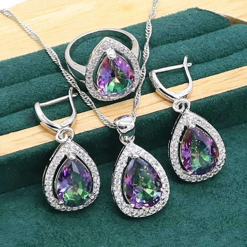 Water Drop Rainbow Topaz 925 Silver Wedding Jewelry set for Women Party Bracelet Earrings Necklace pendant Ring