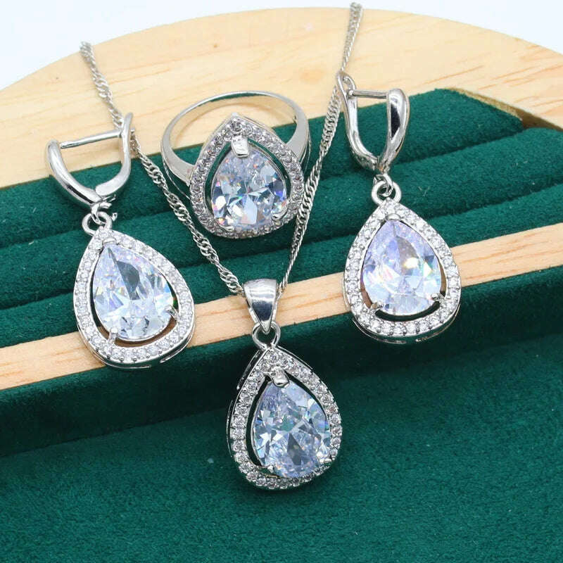 Water Drop Rainbow Topaz 925 Silver Wedding Jewelry set for Women Party Bracelet Earrings Necklace pendant Ring