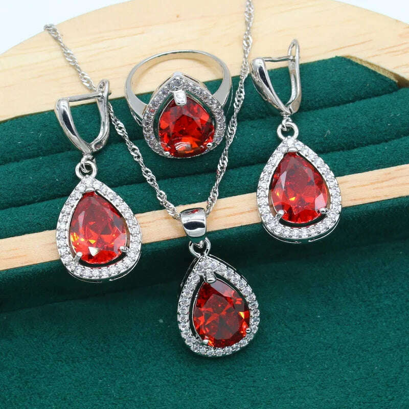 Water Drop Rainbow Topaz 925 Silver Wedding Jewelry set for Women Party Bracelet Earrings Necklace pendant Ring