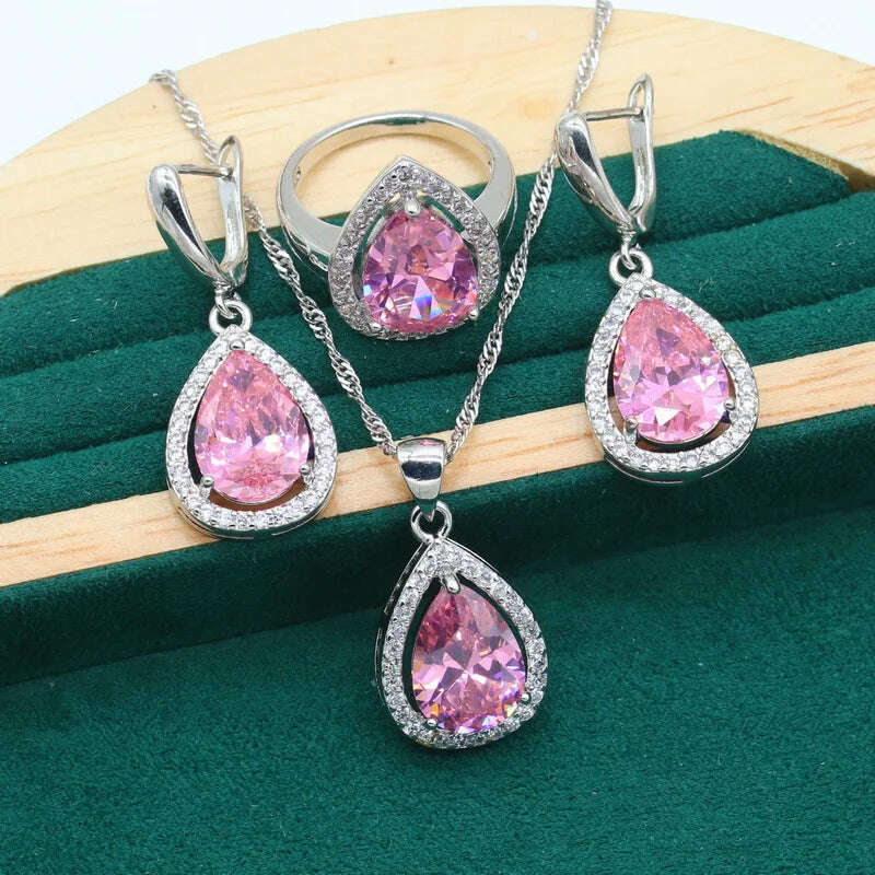Water Drop Rainbow Topaz 925 Silver Wedding Jewelry set for Women Party Bracelet Earrings Necklace pendant Ring