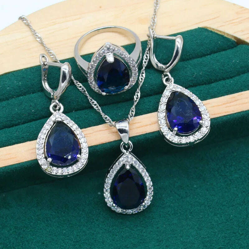 Water Drop Rainbow Topaz 925 Silver Wedding Jewelry set for Women Party Bracelet Earrings Necklace pendant Ring