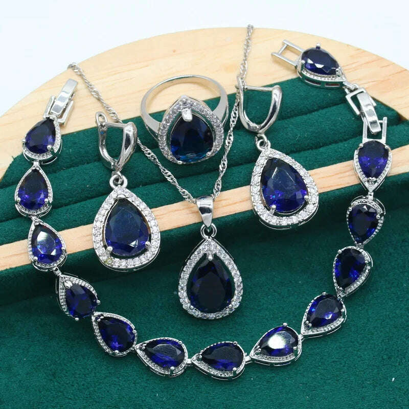 Water Drop Rainbow Topaz 925 Silver Wedding Jewelry set for Women Party Bracelet Earrings Necklace pendant Ring
