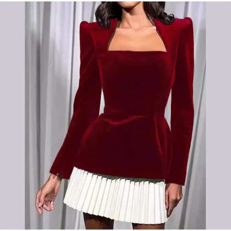 White Pleated Hem Spliced Mini Dress Elegant Square Neck Long Sleeve High Waist Dresses 2024 Autumn women Chic Party Streetwear